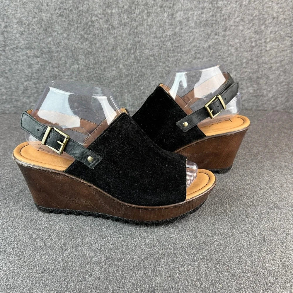 b.o.c. Born Concept Women 8 Black Suede Leather Wedge Sandals Peep Toe Platform